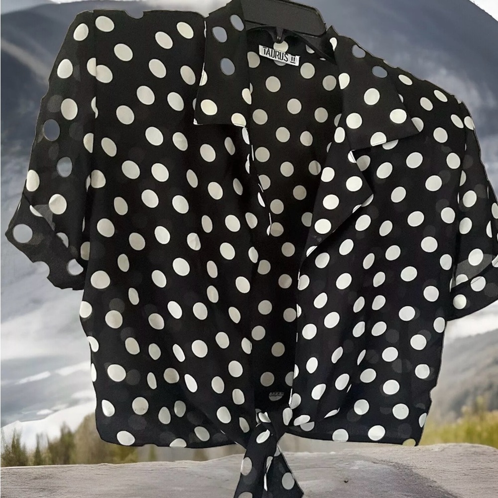 Taurus 11 Front Tie Dressy Blouse Black White Polka Dots Shoulder Pads Sheer